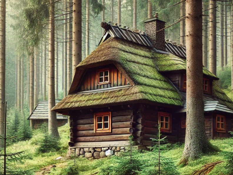 A cozy wooden cottage.