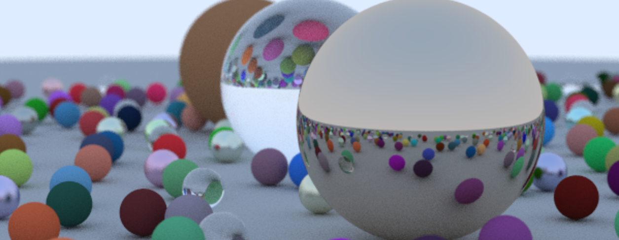 A field of small coloured spheres with large metal, glass and diffuse spheres in the foreground